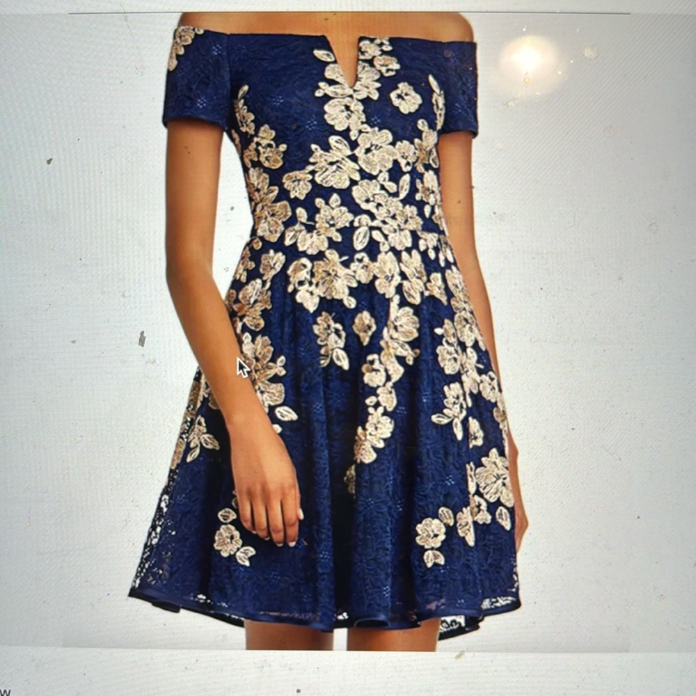 Aqua by Bloomingdale’s Navy Lace Embroidered off the shoulder cocktail Dress - 2
